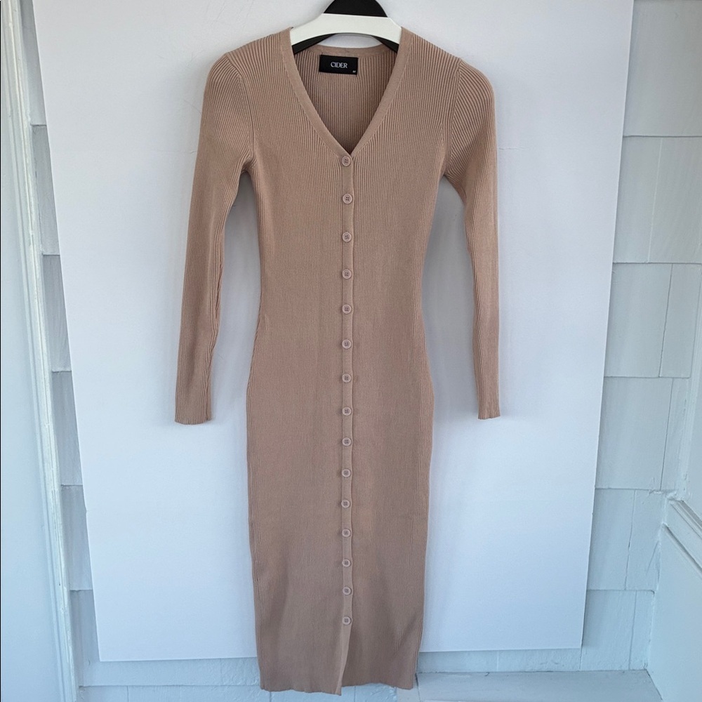 Cider Knit Rib Button Down Dress Tan Long Sleeve Medium